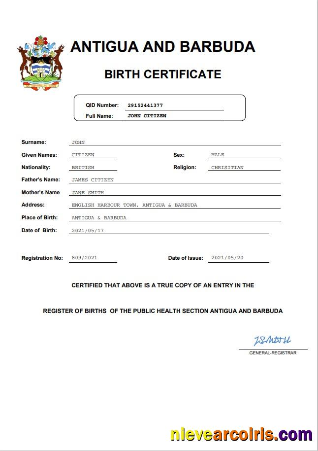Antigua and Barbuda birth certificate